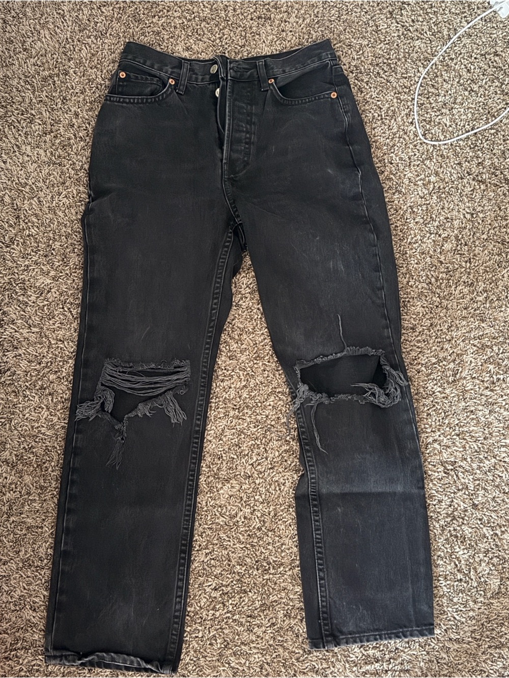 Topshop Black Relaxed Straight Distressed Knees Jeans